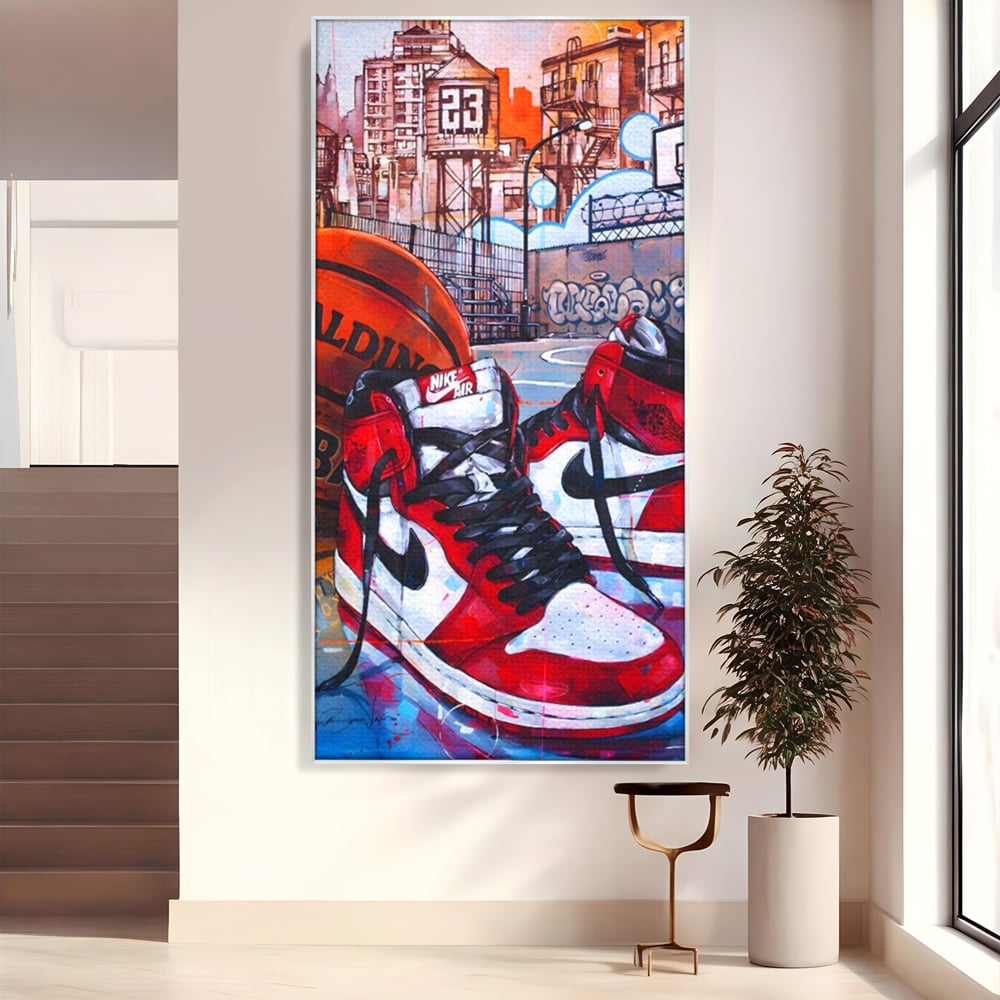 Tablou canvas cu tablou canvas cu adidasi si baschet, in rama de aluminiu argintiu